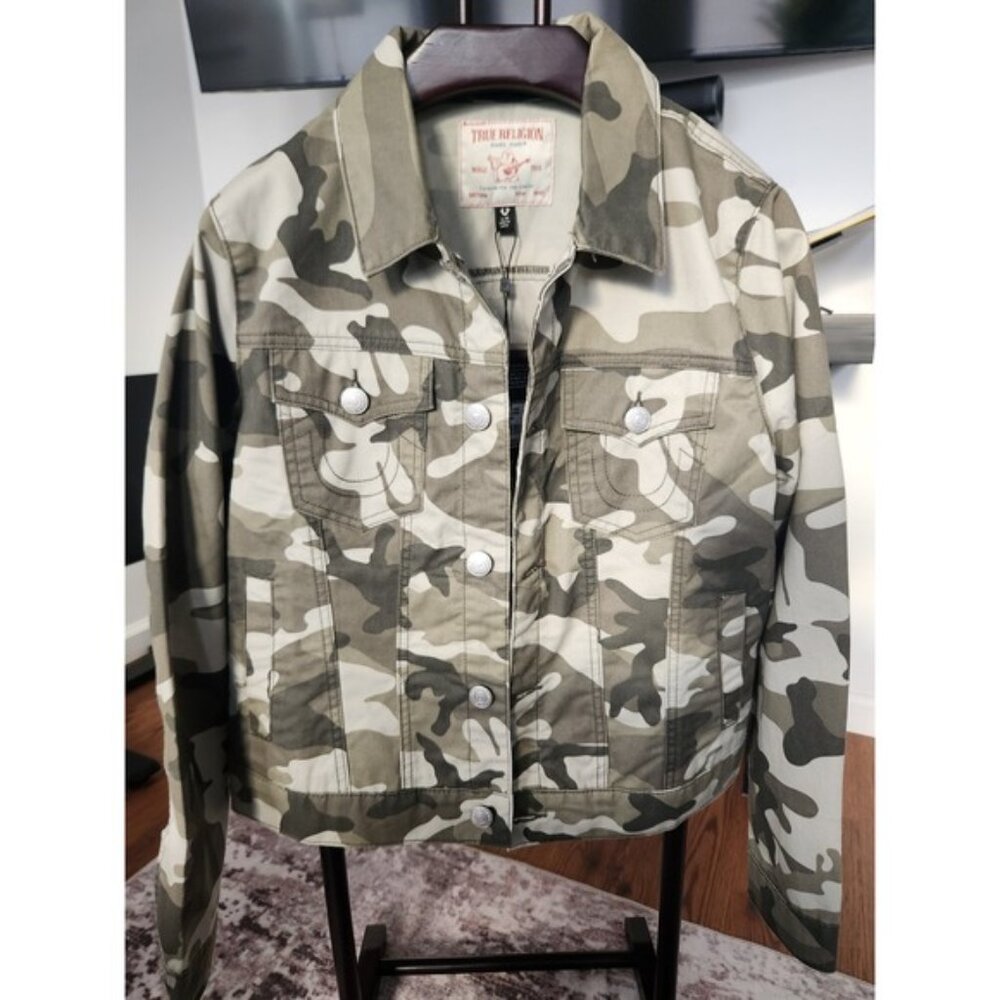 True Religion Womens Camo Denim Trucker Jacket Green Camouflage Large NWT